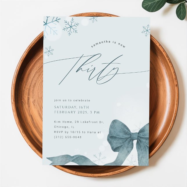 Modern Winter Snowflake Bow 30th Birthday Party Invitation (Creator Uploaded)
