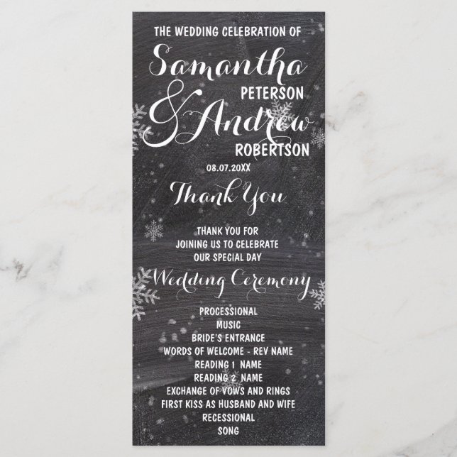 Modern winter snowflake chalkboard wedding program (Front)