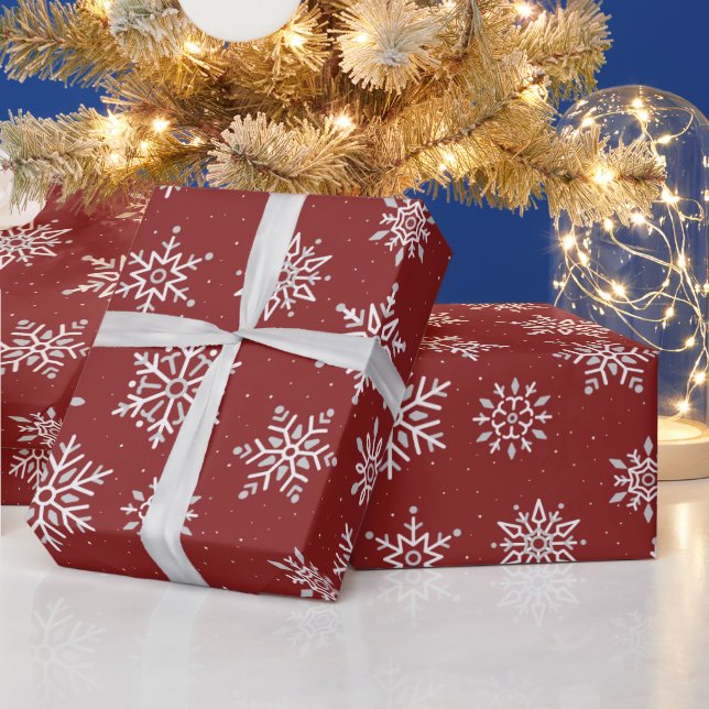 Modern Winter Snowflake Dark Christmas Red Holiday Wrapping Paper (Holidays)