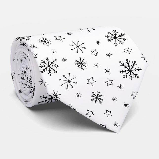 Modern Winter Snowflakes Black and White  Tie (Rolled)