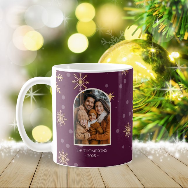 Modern Winter Snowflakes Photo Burgundy Christmas Coffee Mug (Creator Uploaded)