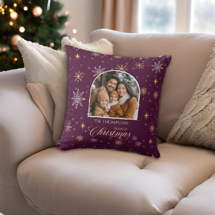 Modern Winter Snowflakes Photo Burgundy Christmas Cushion