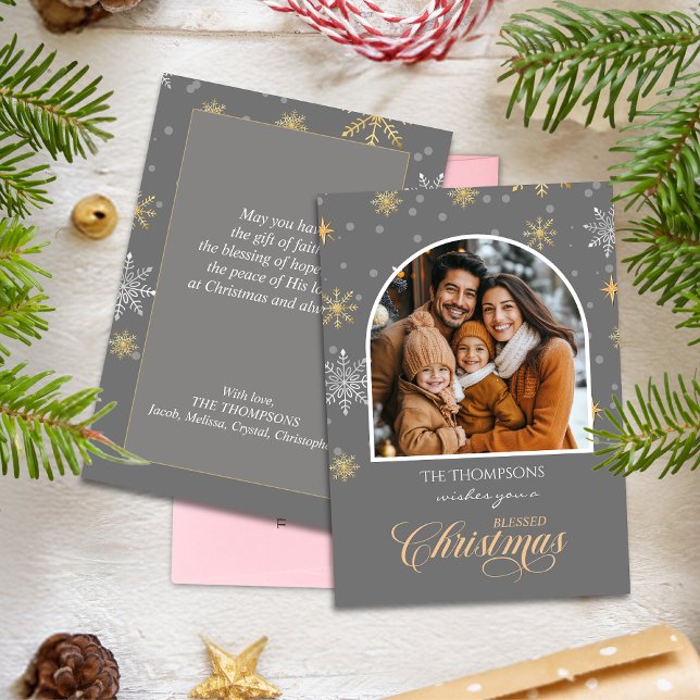 Modern Winter Snowflakes Photo Grey Christmas Holiday Card (Creator Uploaded)