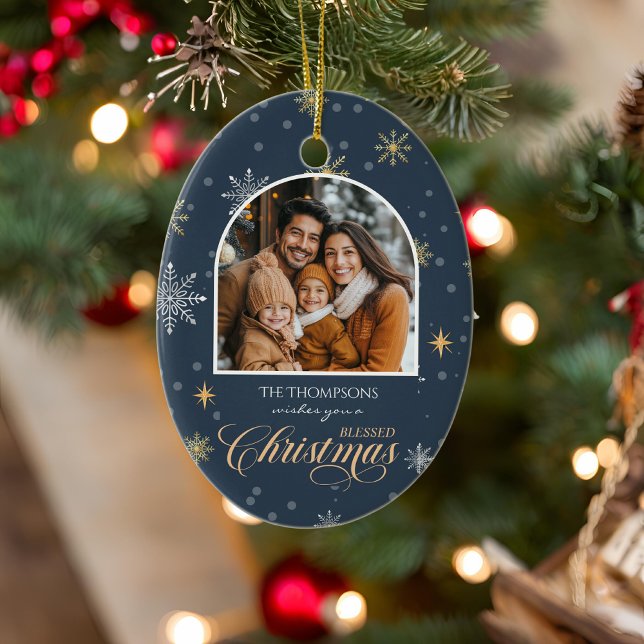 Modern Winter Snowflakes Photo Navy Blue Christmas Ceramic Ornament (Creator Uploaded)