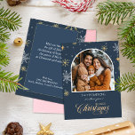 Modern Winter Snowflakes Photo Navy Blue Christmas Holiday Card<br><div class="desc">Spread holiday cheer with a custom Photo Modern Holiday Greeting Card. 
Featuring your photo on the front surrounded by winter snowflakes and elegant script Christmas greeting.
Place your photo on the card and write your very own greeting.</div>