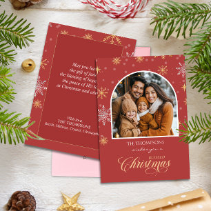 Modern Winter Snowflakes Photo Red Christmas Holiday Card