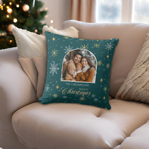 Modern Winter Snowflakes Photo Teal Christmas Cushion