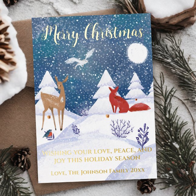 Modern Winter Snowy Night Scene Fox Deer Birds Foil Holiday Card (Creator Uploaded)