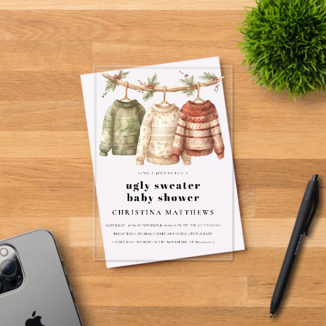 Modern Winter Ugly Sweater Baby Shower  Acrylic Invitations (Insitu (Invitation Card))