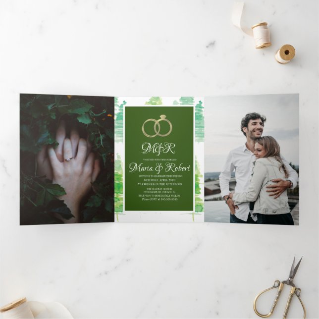 Modern Winter Watercolor Pine Trees Wedding Tri-Fold Invitation (Inside)