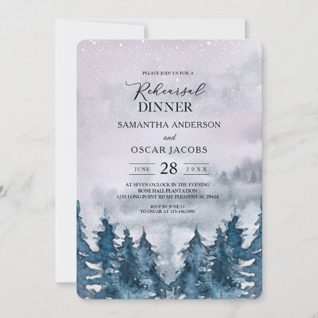 Modern Winter Watercolour Forest Blue Invitation (Front)