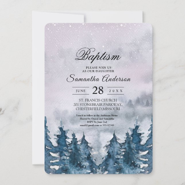 Modern Winter Watercolour Forest Blue Invitation (Front)
