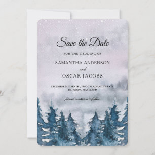 Modern Winter Watercolour Forest Blue Save The Dat Date