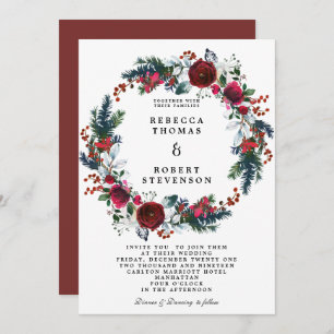 modern winter wedding burgundy floral wreath invitation