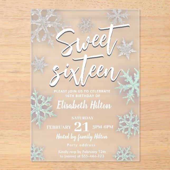 Modern Winter wonderland snowflakes  sweet 16 Acrylic Invitations (Front)