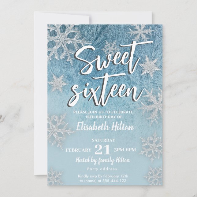 Modern Winter wonderland snowflakes  sweet 16 Invitation (Front)