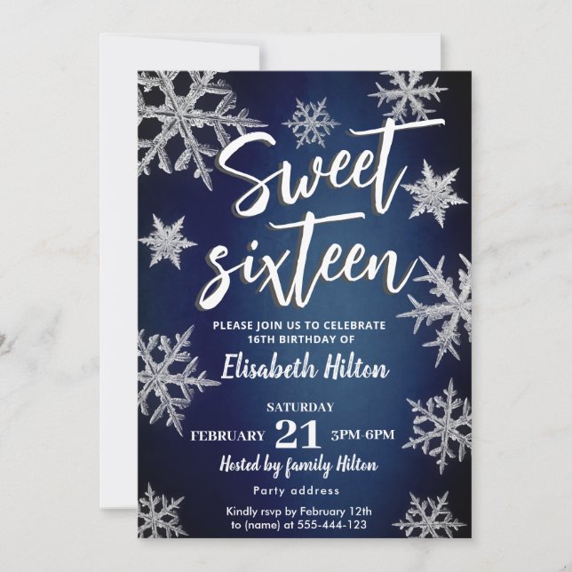 Modern Winter wonderland snowflakes  sweet 16 Invitation (Front)