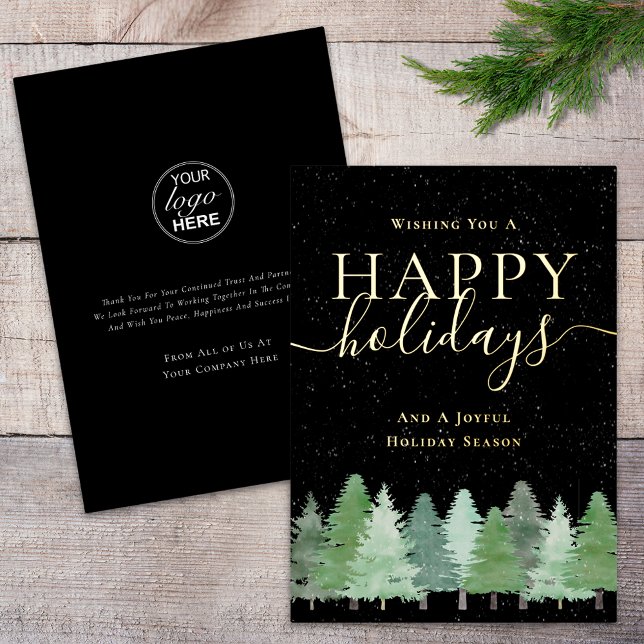 Modern Winter Woodland Company Logo Black & Gold Foil Holiday Card (Modern woodland snow company logo happy holidays black and gold foil business holiday card)