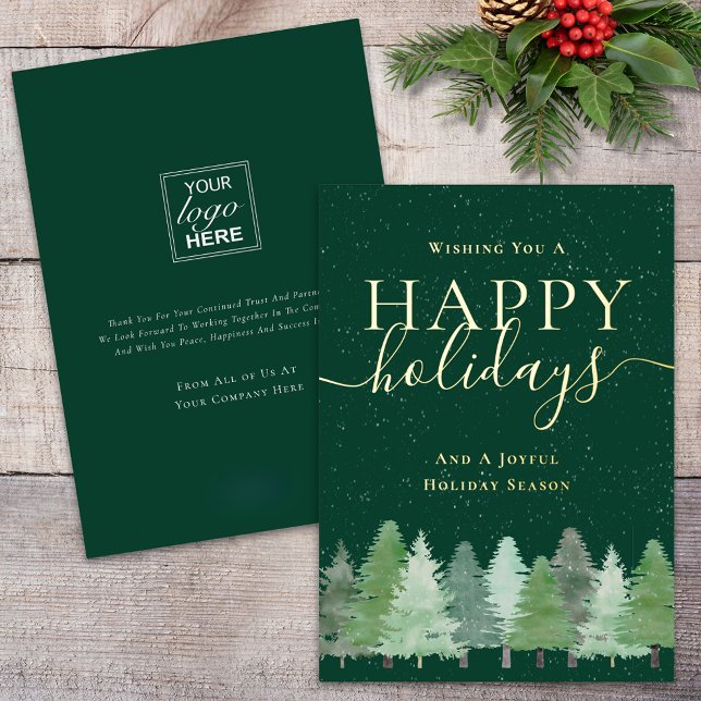 Modern Winter Woodland Company Logo Green & Gold Foil Holiday Card (Modern winter woodland square company logo green & gold foil script business holiday flat card)