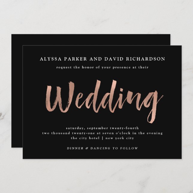 Modern Wish | Faux Rose Gold on Black Wedding Invitation (Front/Back)