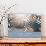Modern Wish Hanukkah Photo Card | Editable Message<br><div class="desc">Modern, simple and minimal holiday photo card features your favourite horizontal or landscape orientated photo with a thick blue bottom border. Your custom greeting appears in modern white lettering (shown with "Joyous Hanukkah"), with your family name or names beneath. A subtle snowflake pattern is overlaid over the edges of your...</div>