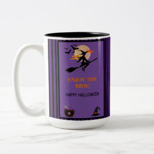 Modern Witches Bats Purple Black Stripes Halloween Two-Tone Coffee Mug