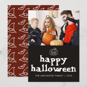 Modern Witchy Hat & Bats Halloween Family Photo Holiday Card