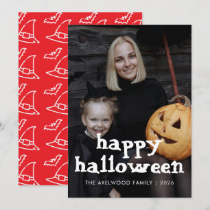 Modern Witchy Hat & Bats Halloween Family Photo Holiday Card
