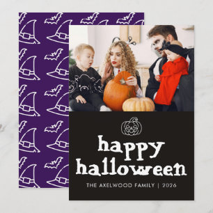 Modern Witchy Hat & Bats Halloween Family Photo Holiday Card