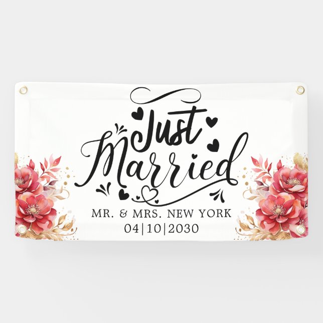 Modern With Heart Just Married Car Banner (Horizontal)