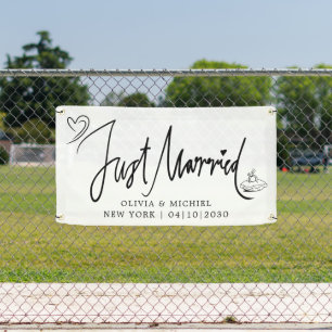 Modern With Heart Just Married Car Banner