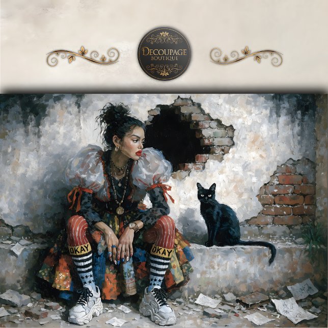 Modern Woman and Black Cat Decoupage Tissue Paper (Modern Woman and Black Cat Decoupage Tissue Paper)