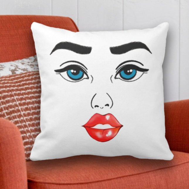 Modern Woman Line Art Drawing Blue Eyes Red Lips Cushion (Creator Uploaded)