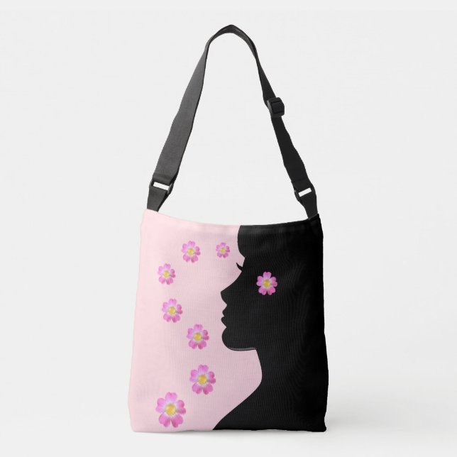 Modern Woman Silhouette & Flowers on Light Pink Crossbody Bag (Front)