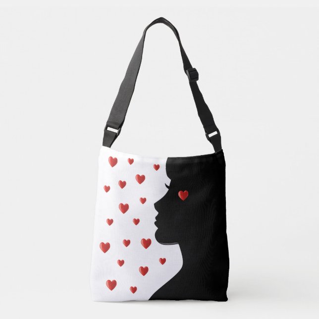Modern Woman Silhouette & Hearts on White Crossbody Bag (Front)
