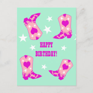 Modern Women Cowgirl Western Boots Mint Birthday Postcard