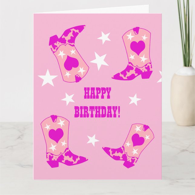 Modern Women Pink Cowgirl Western Boots Birthday  Card (Front)