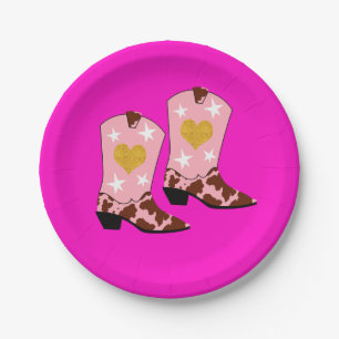 Modern Women Pink Cowgirl Western Boots Hot Pink Paper Plate