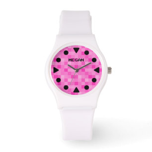 Modern women's watch with pink pixelated dial