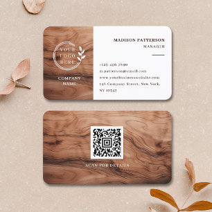 Modern Wood Grain Logo QR Code Business Card