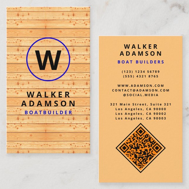 Modern Wood Grain Look - Monogrammed QR Code Business Card (wood business card)
