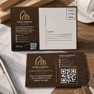 Modern Wood Grain QR Code Construction Holiday Postcard