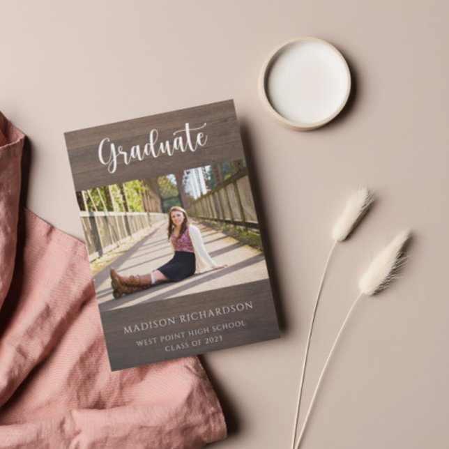 Modern Wood Grain Rustic Photo Graduation Invitation (Creator Uploaded)