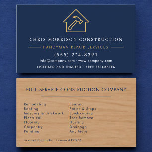 Modern Wood Handyman Navy Blue Gold Construction Business Card