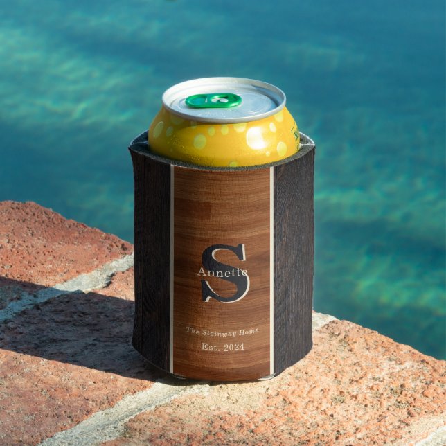 Modern Wood  Hue 2Tone Monogram Square Can Cooler (In Situ Pool)