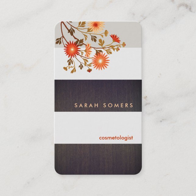 Modern Wood Stripes Orange Flowers Nature Business Card (Front)