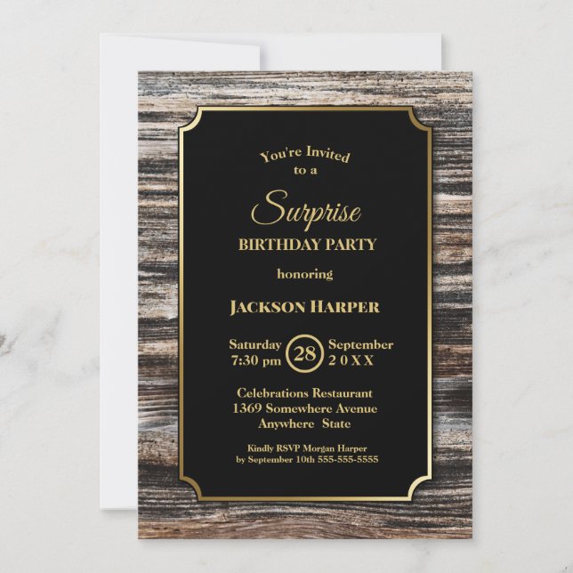 Modern Wood Surprise Birthday Party Invitation (Front)