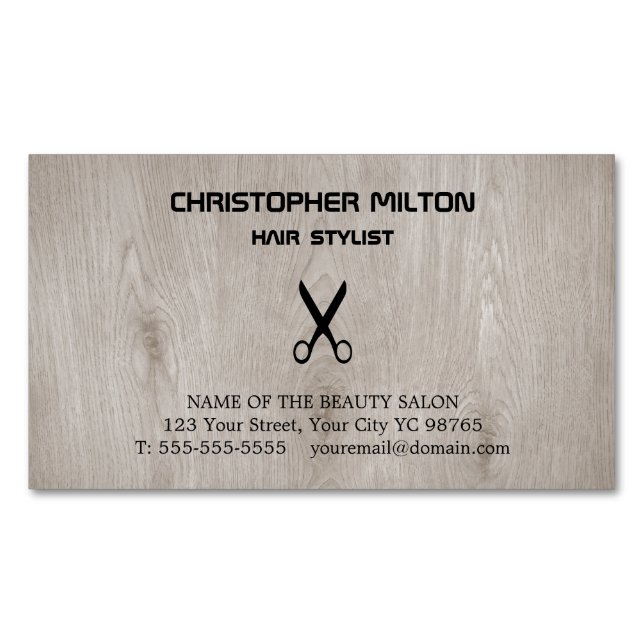 Modern Wooden Black Scissor Hair Stylist Magnetic Business Card (Front)