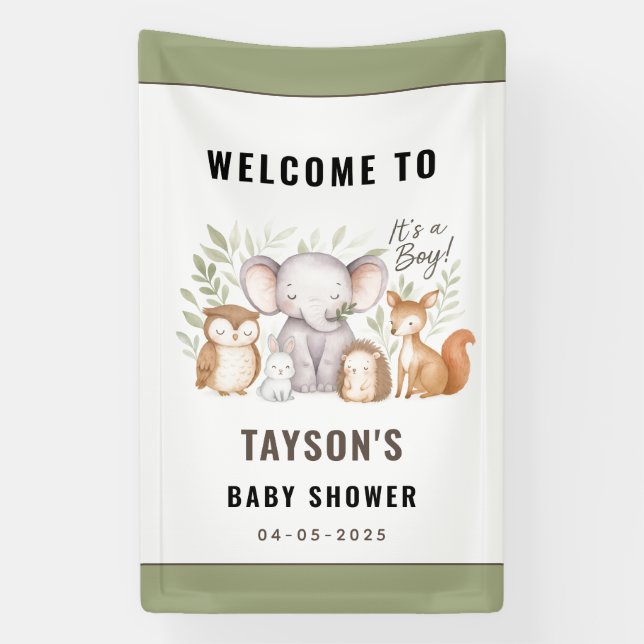 Modern Woodland Animals Forest Boy Baby Shower Banner (Vertical)