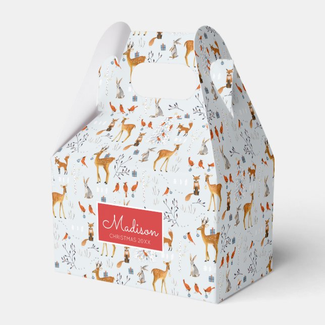 Modern Woodland Blue & Red Animals Deer Christmas Favour Box (Front Side)
